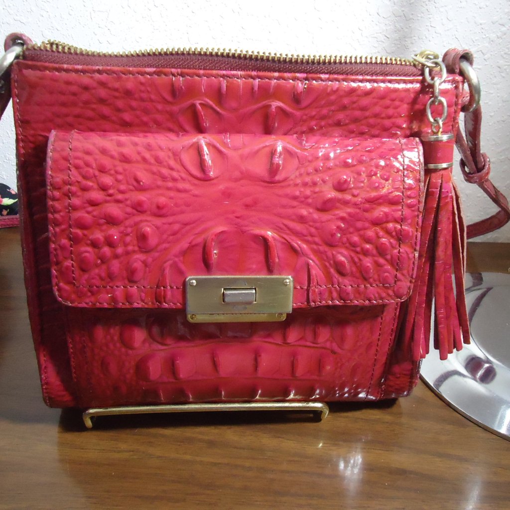 Used Brahmin Mimosa Pink Crossbody Tasseled Worn Leather Organizer As Is